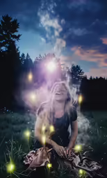 a woman sitting on the grass and looking up at her lights