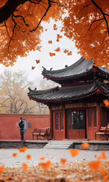 a temple in an asian country with many fall colors on trees