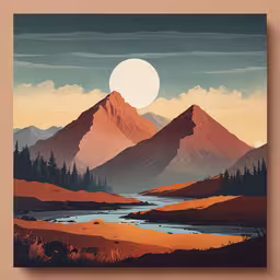 a poster with mountains is featured in the background,a painting of the mountains and lake that is a full moon