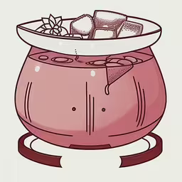 an image of ice tea in a pink bowl,a small container that has a drink inside of it