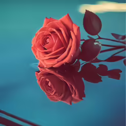 two roses are reflected on the surface of a body of water