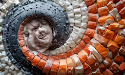 an odd looking sculpture has its face in the center of the image