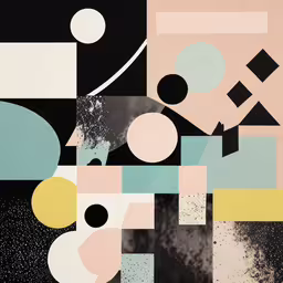 a black and yellow geometric pattern with dots and squares,an abstract painting with circles, squares and lines on it
