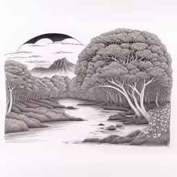 a drawing of a landscape and hills,a pencil drawing of a stream and trees,this is a drawing of a creek in the woods,an ink drawing of a lake with trees and mountains in the background,pencil drawing of landscape scene with trees and a mountain