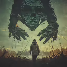 person in coat walking toward large scary monster hand