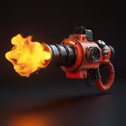 a camera with a yellow fire on its handle