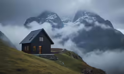 the cottage sits atop the hill as the clouds roll in