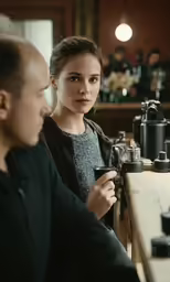 man and woman in a coffee shop holding cups