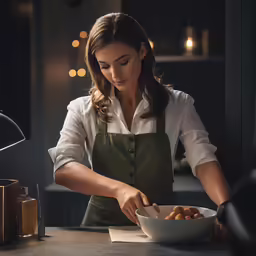 a woman in an apron cooking food in a bowl