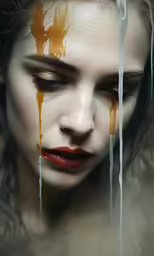 the face of a woman with brown paint on it