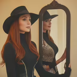 a woman in a hat with long red hair stands in front of a mirror