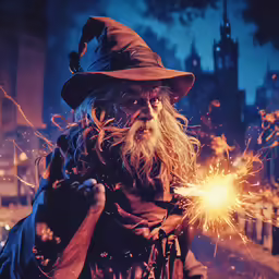 an image of a wizard holding something with fire