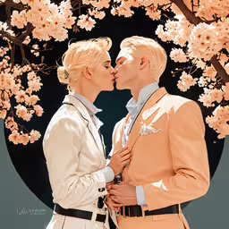 two people in white jackets kiss in front of cherry blossoms,two people are in front of some flowers
