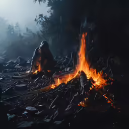 two people are sitting near a campfire in the dark