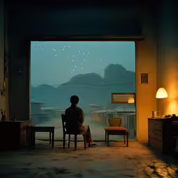 a person that is sitting in front of some lights,a person sits in a chair and watches the fireworks