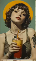 a woman with short hair is holding a drink