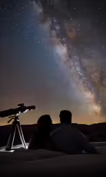 a man and a woman sitting on a blanket looking at the stars