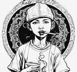 the young boy smoking a cigarette while wearing a baseball cap,the illustration is of a young boy smoking a cigarette and wearing a baseball cap