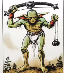 a card featuring a strange looking person and two swords