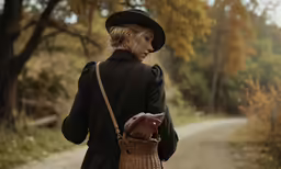 the woman is looking out on the path while carrying a basket