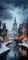 the painting has been made to look like a city with buildings,a winter night scene shows snow covered town buildings
