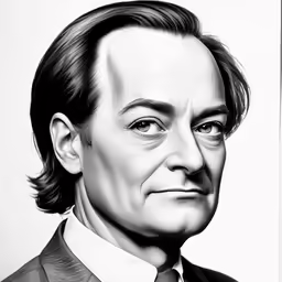 a black and white drawing of a man in suit and tie