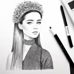 a drawing of a girl with flowers on her head