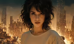 a young woman staring at the camera in front of a city