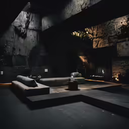 the couches are on the floor in the dark room
