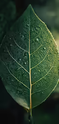 a close up of a green leaf with water drops