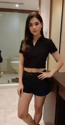 a woman posing in the bathroom by a sink