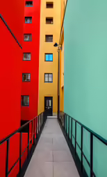 the walkway leads up to two different colored buildings