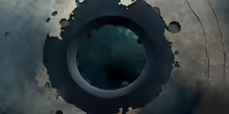 looking through the hole in the wall onto a blue, green sky