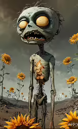 cartoon zombie looking skeleton in a field of sunflowers