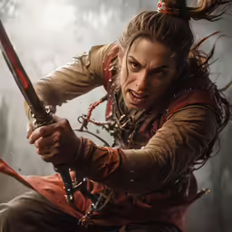 a woman in costume is holding a sword