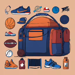 a sports bag surrounded by all the things he has to do,a picture of sports gear for boys on a light background