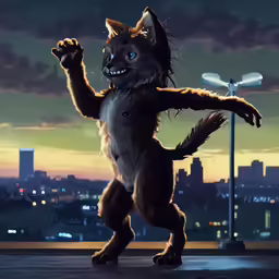 a cartoon character that is posing in front of a city