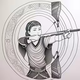 a drawing of a woman is aiming her rifle,a woman with an arrow aiming a rifle,a drawing of a young person holding a rifle,a drawing of a girl with bow and arrow,a drawing is seen on a wall with an arrow