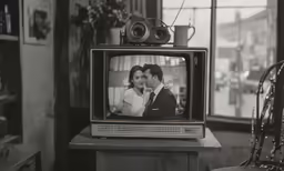 the couple is on their tv set in the living room