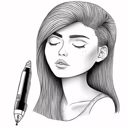 a woman with her eyes closed and a pen resting on her cheek
