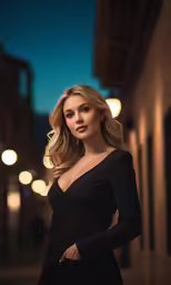 a beautiful woman in a black dress poses for the camera