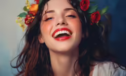 a woman with a bunch of fake flowers in her hair and a red lipstick on her mouth