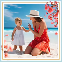 a woman in a red and white dress and a little girl