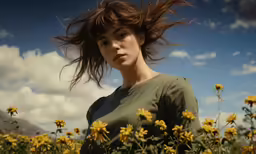 a woman in a field of flowers with her hair blowing