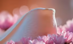 a hat sits among pink flowers in this artistic image