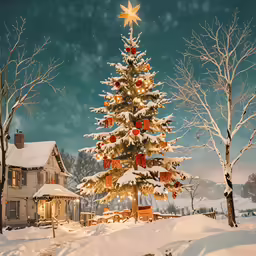 a lit christmas tree stands in a snowy scene