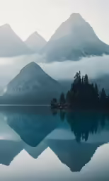 fog surrounds the mountains as they rise out of water