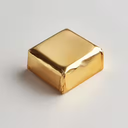 a gold square with some black writing on it,a gold square shape object with many edges