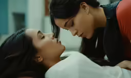 two women facing each other in a room