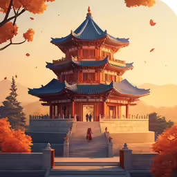 there is an oriental type building in this digital painting